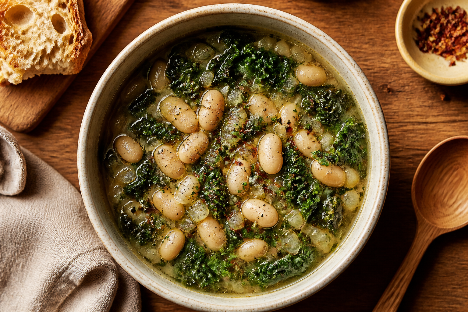 Overhead shot of White Bean and Kale Soup plated appetizingly in a ceramic bowl