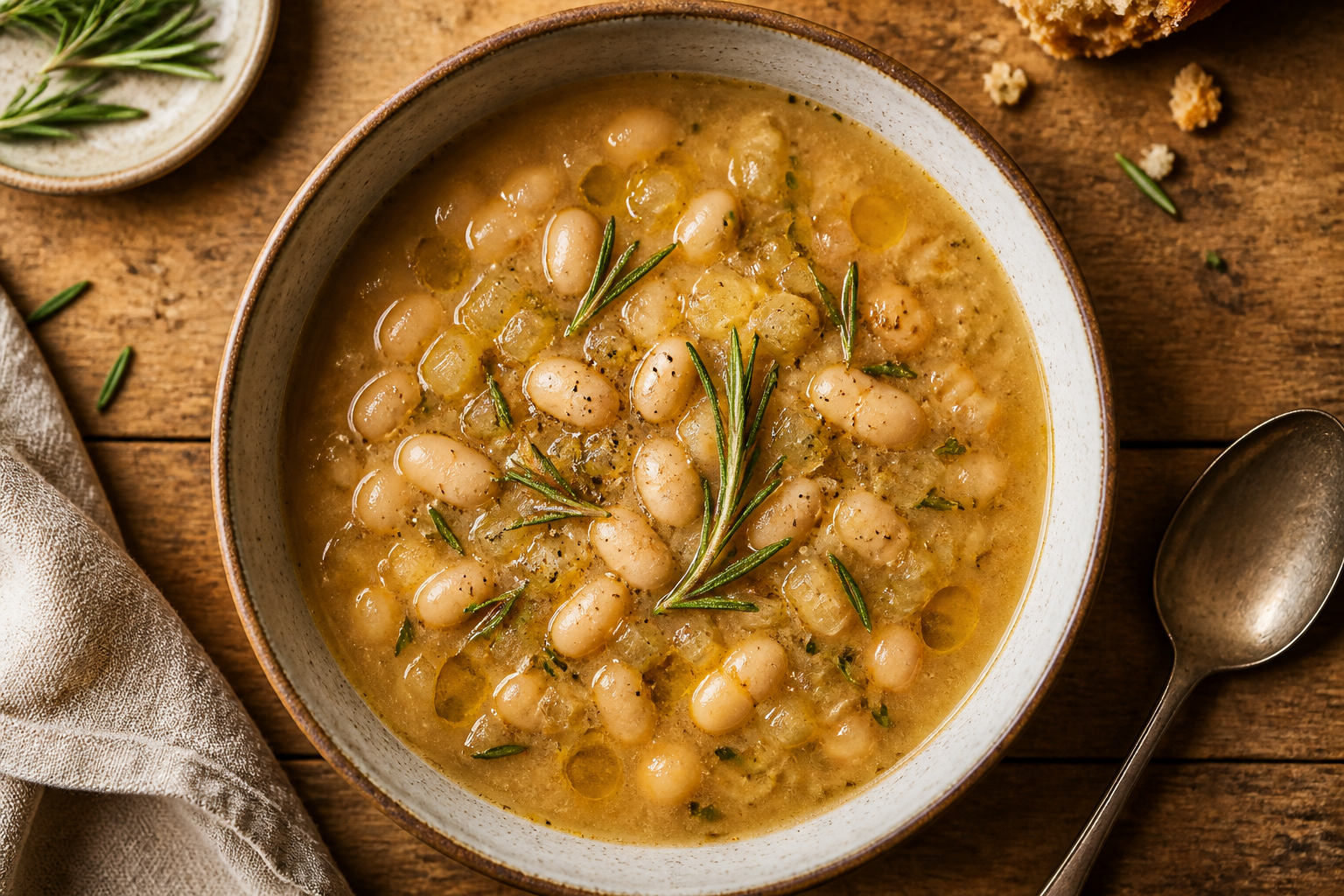 Overhead shot of White Bean and Rosemary Soup plated appetizingly in a ceramic bowl
