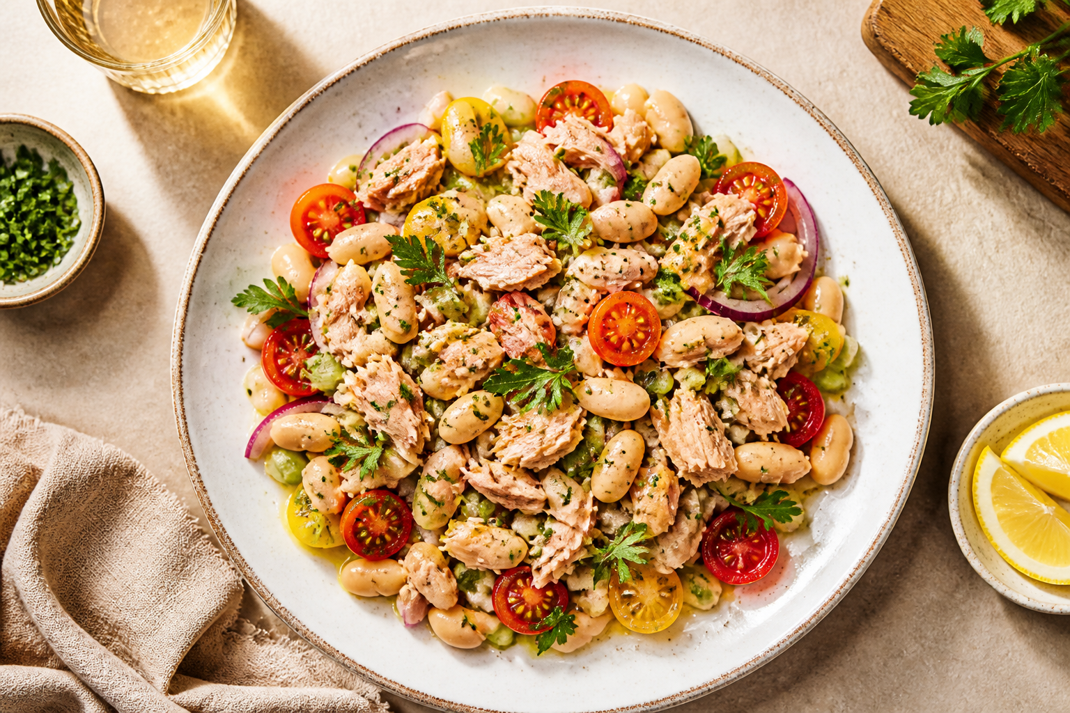 Overhead shot of White Bean and Tuna Salad with Lemon Vinaigrette plated appetizingly in a wide clean plate