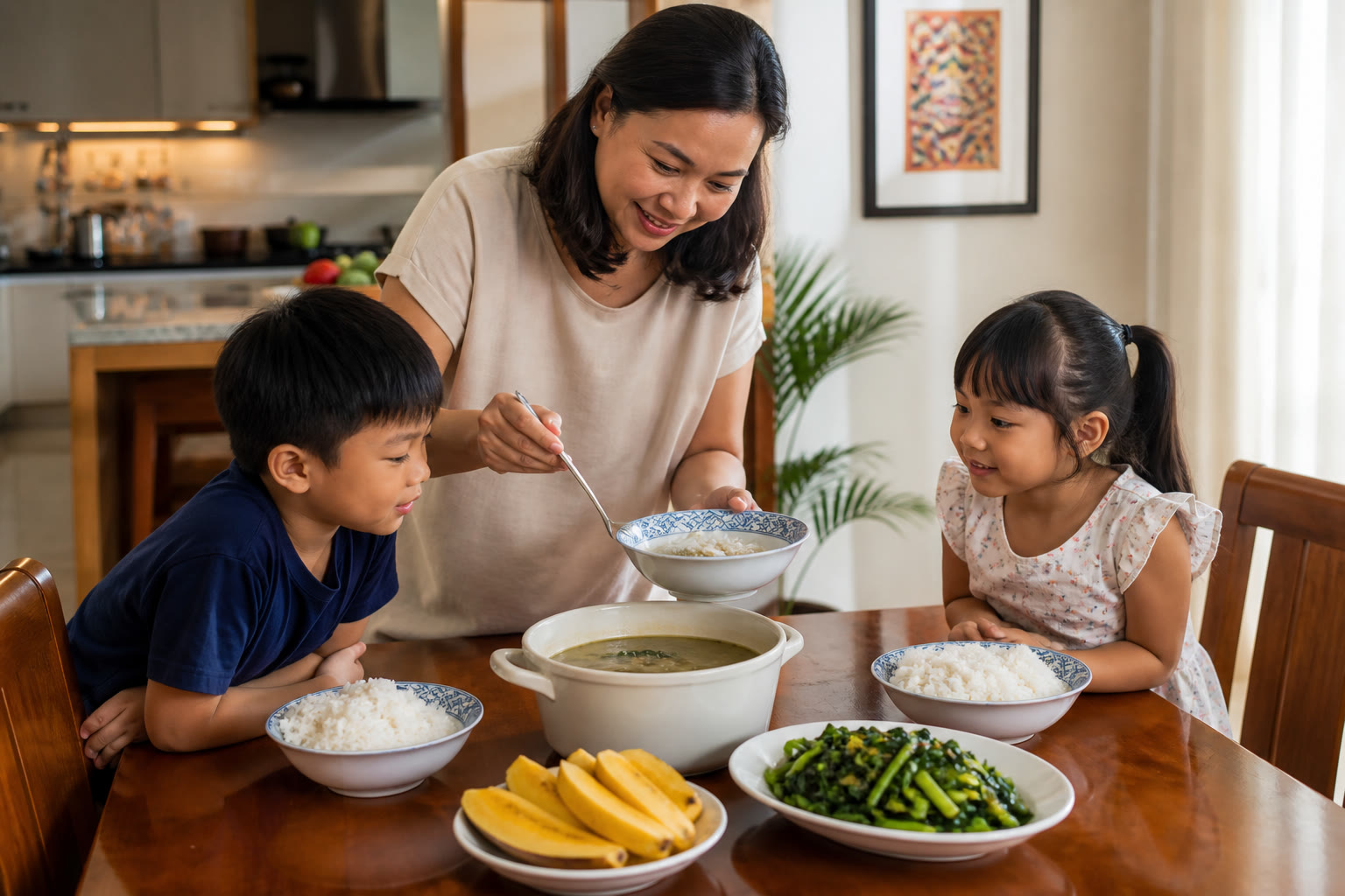 Filipino mother serving rice, monggo, kangkong, and banana to two children at a comfortable family dining table