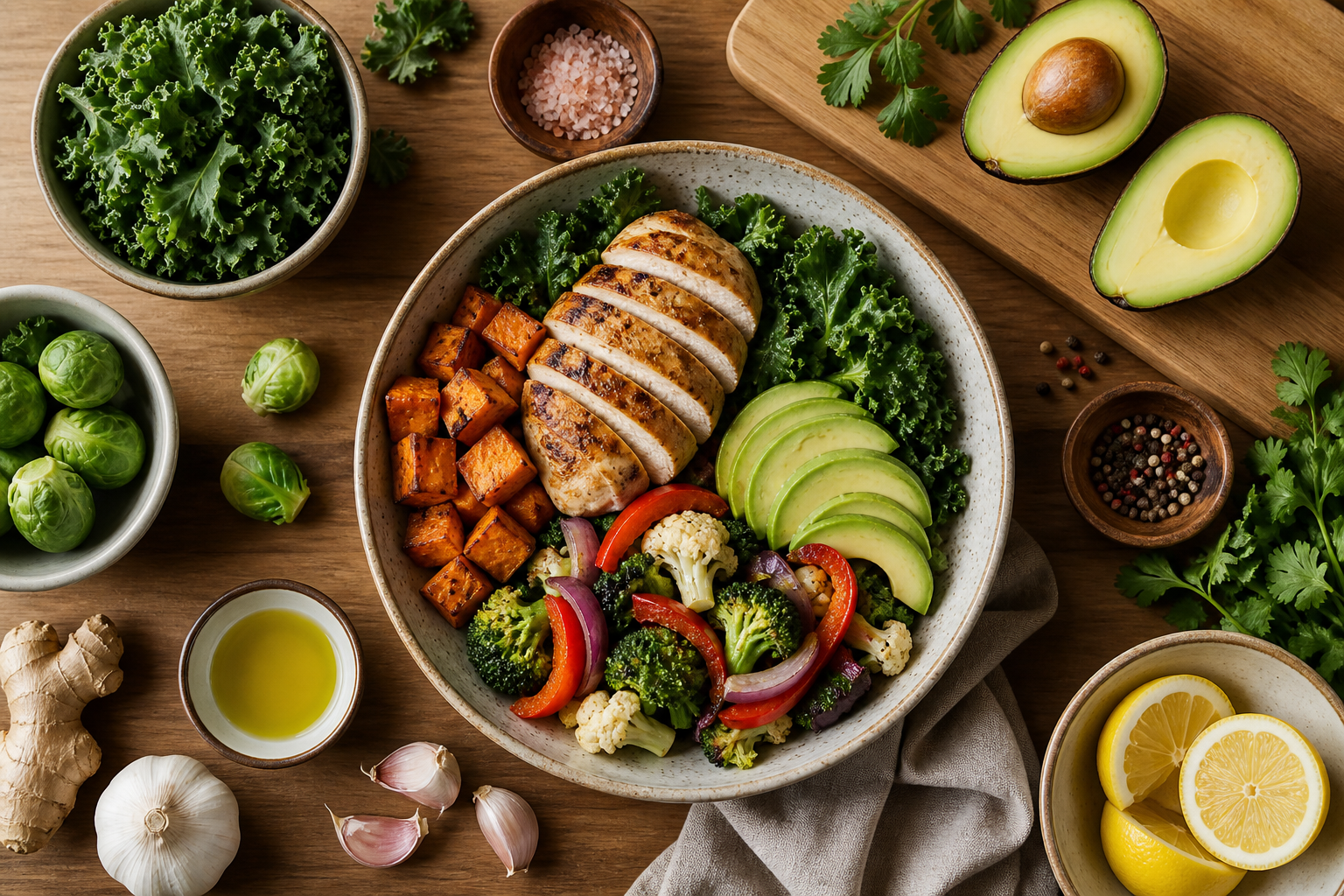 Overhead editorial still life related to Whole30 and Your Gut on a warm wooden surface
