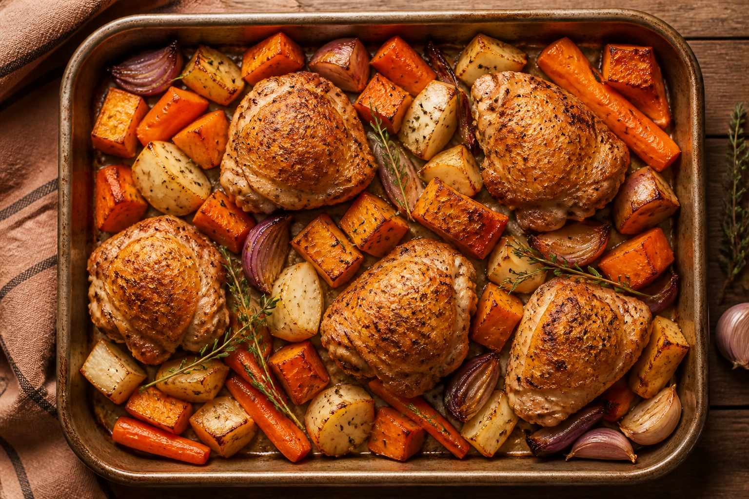Overhead shot of Whole30 Baked Chicken with Roasted Root Vegetables plated appetizingly in a baking tray