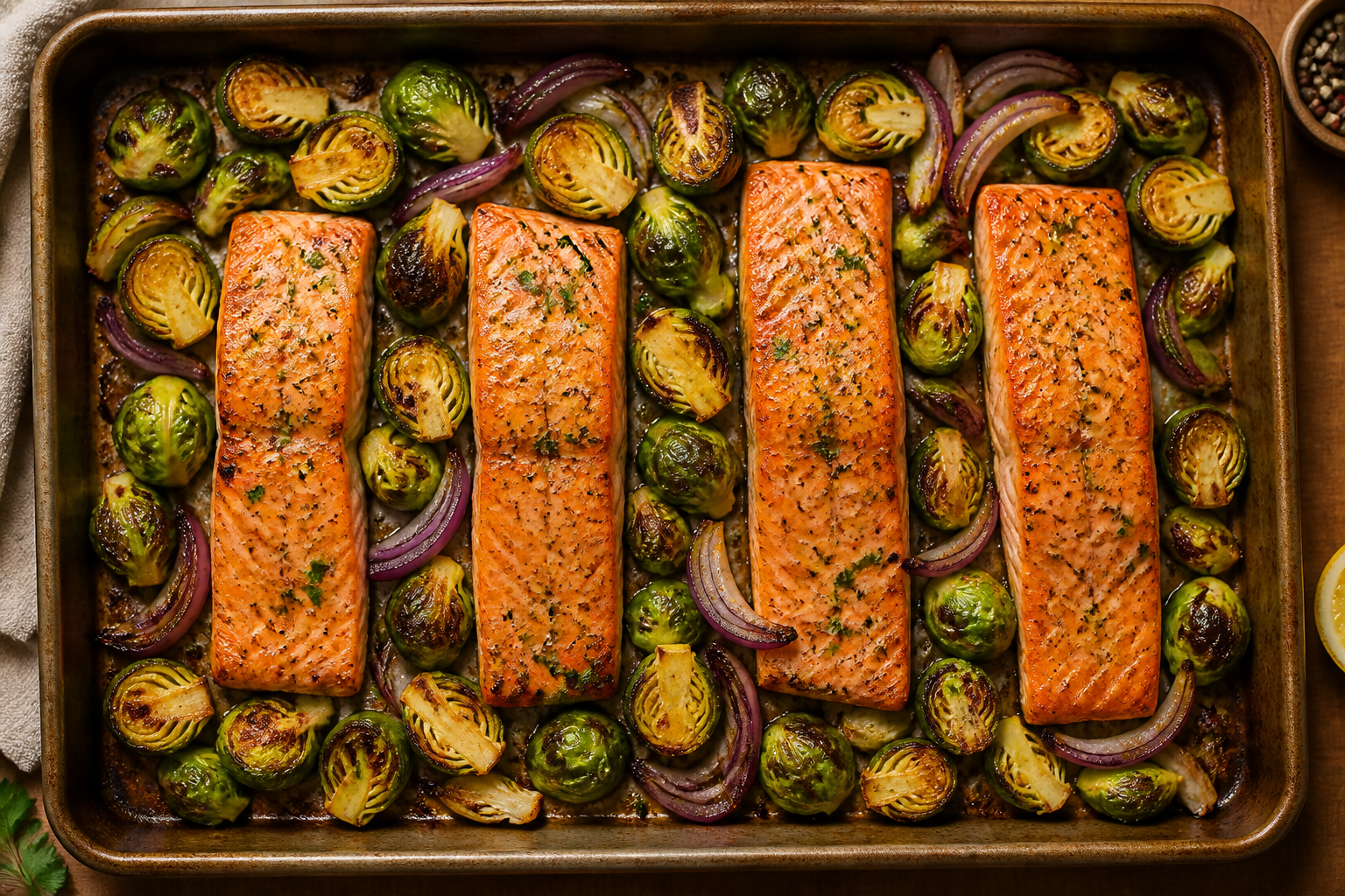 Overhead shot of Whole30 Baked Salmon with Roasted Brussels Sprouts plated appetizingly in a baking tray