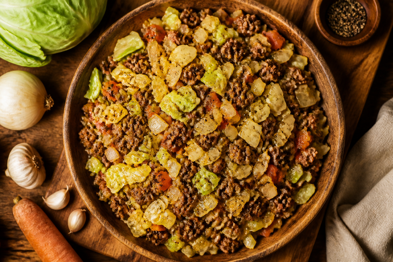 Overhead shot of Whole30 Beef and Cabbage Skillet plated appetizingly in a wooden board