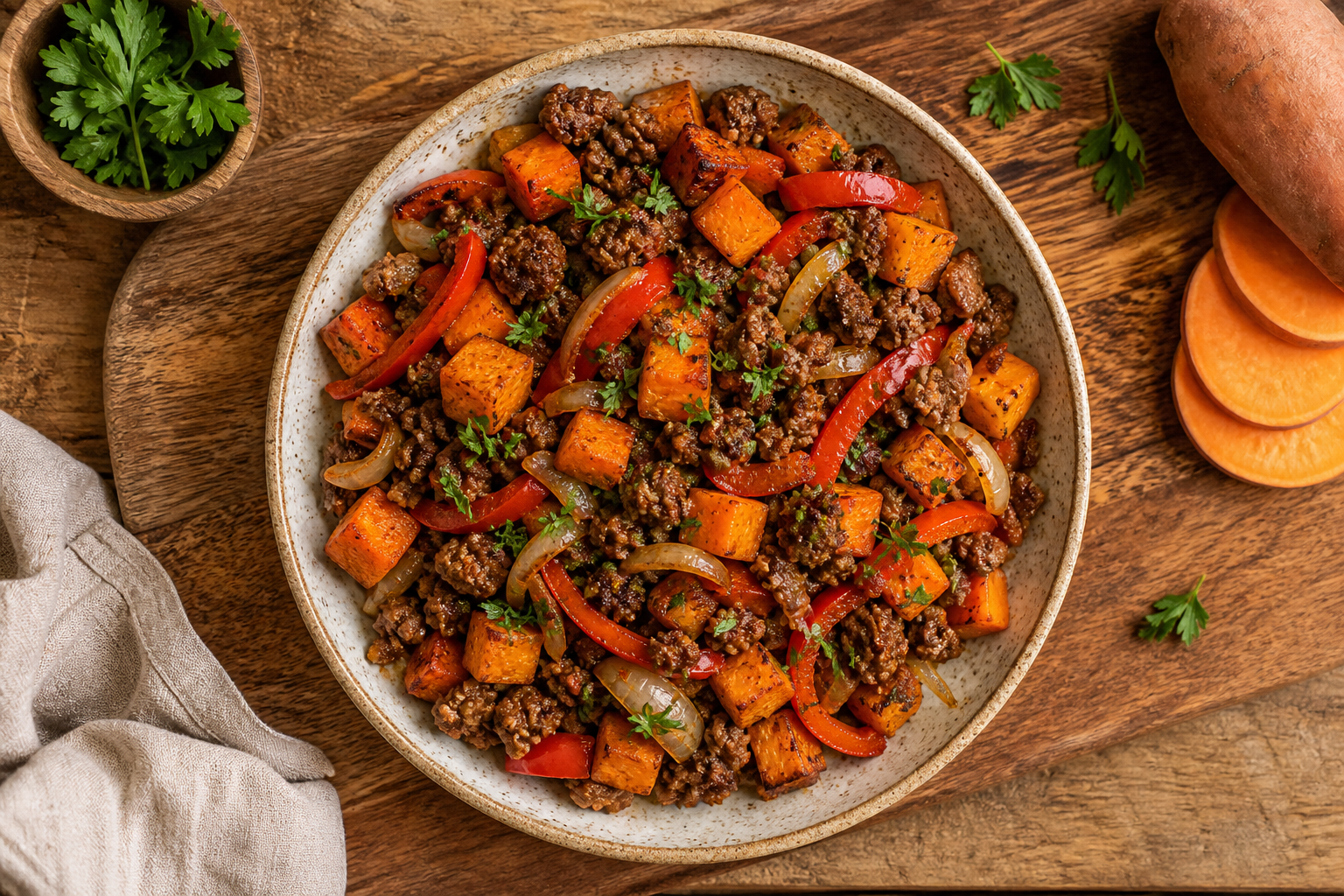 Overhead shot of Whole30 Beef and Sweet Potato Skillet plated appetizingly in a wooden board