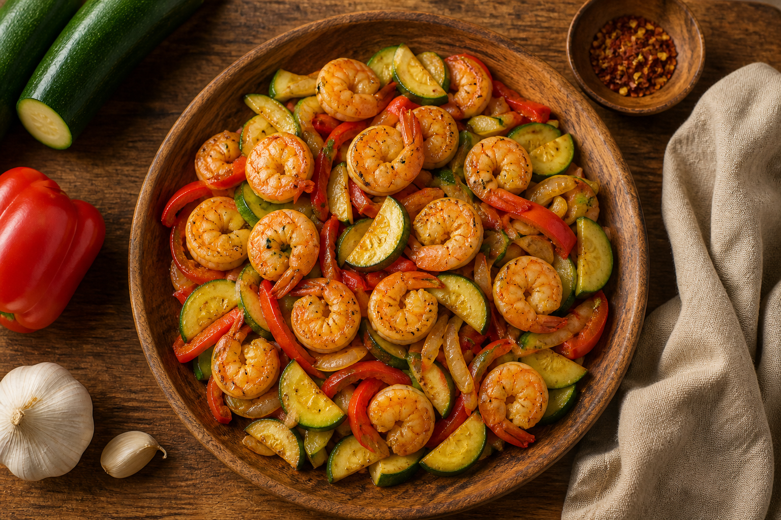 Overhead shot of Whole30 Shrimp and Zucchini Stir-Fry plated appetizingly in a wooden board