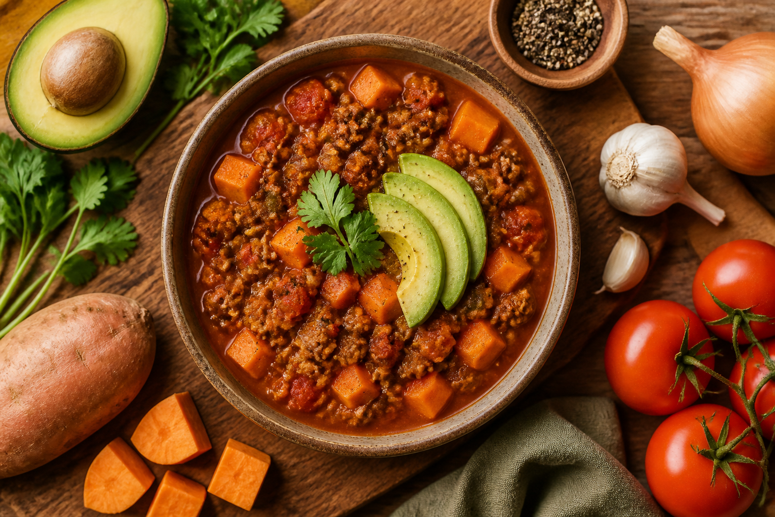 Overhead shot of Whole30 Turkey Chili with Sweet Potato plated appetizingly in a wooden board