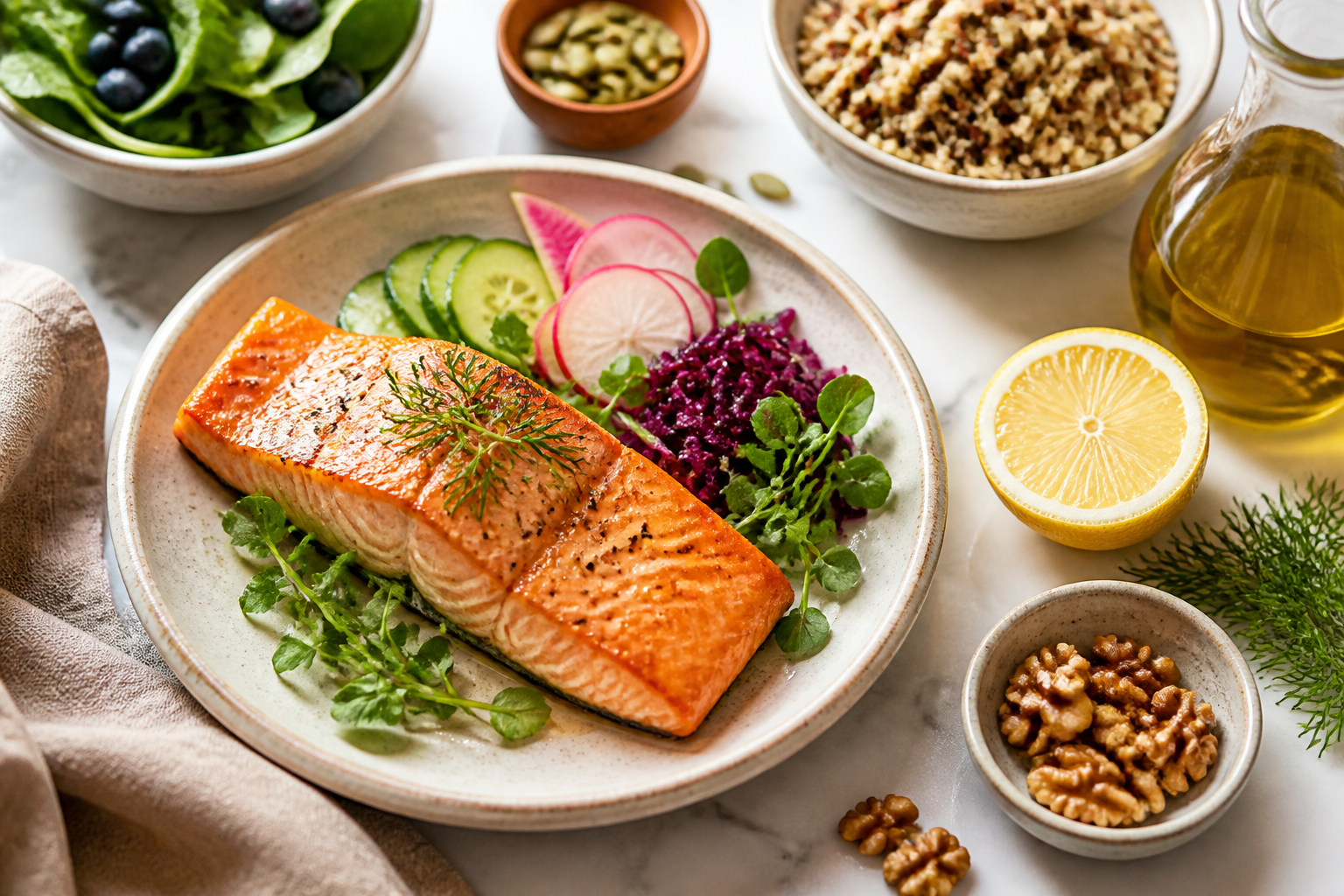 Close-up editorial still life of Why a Fish-Forward Diet Is Good News for Your Gut on a clean wooden or marble surface