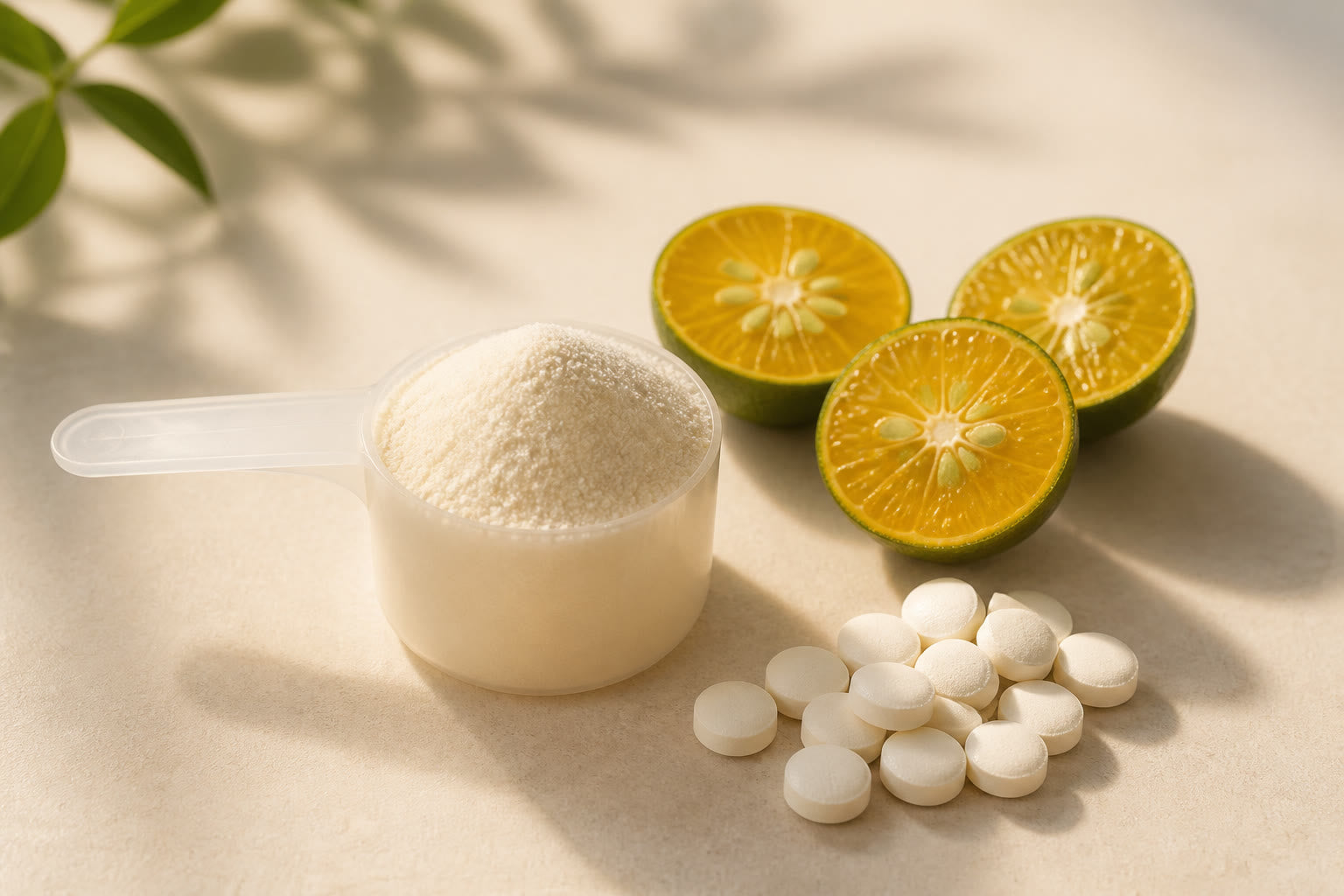 A collagen scoop beside halved calamansi and vitamin C tablets.