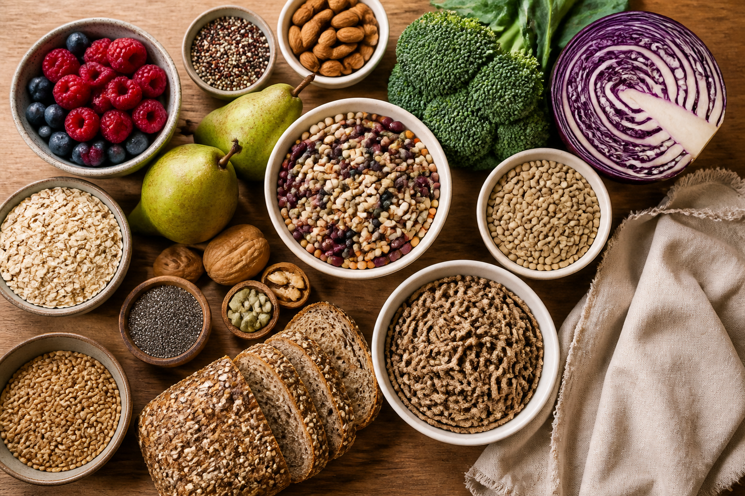 Overhead editorial still life related to Why Fiber Is Your Gut's Best Friend on a warm wooden surface