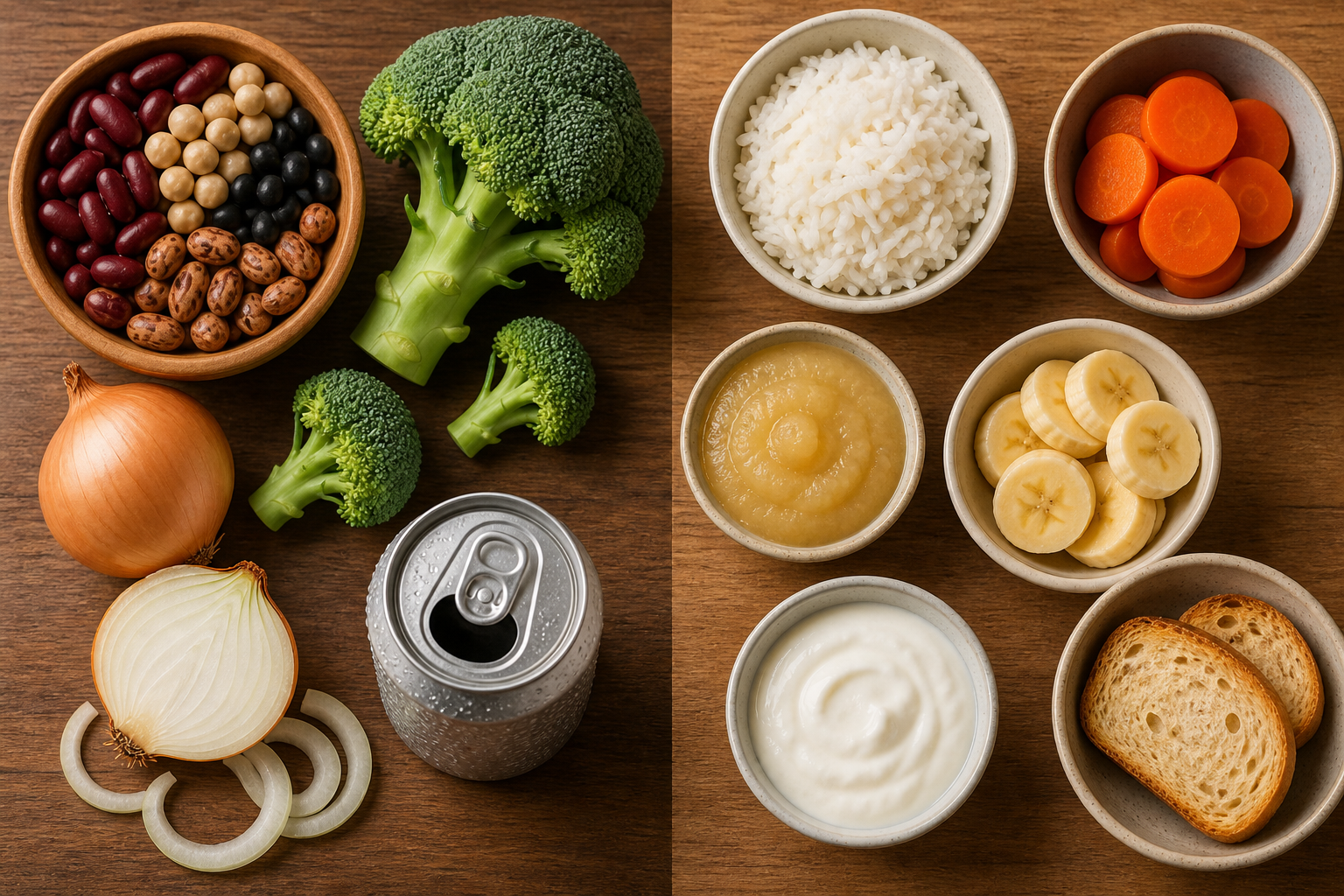 Flat lay of gas-producing foods — beans