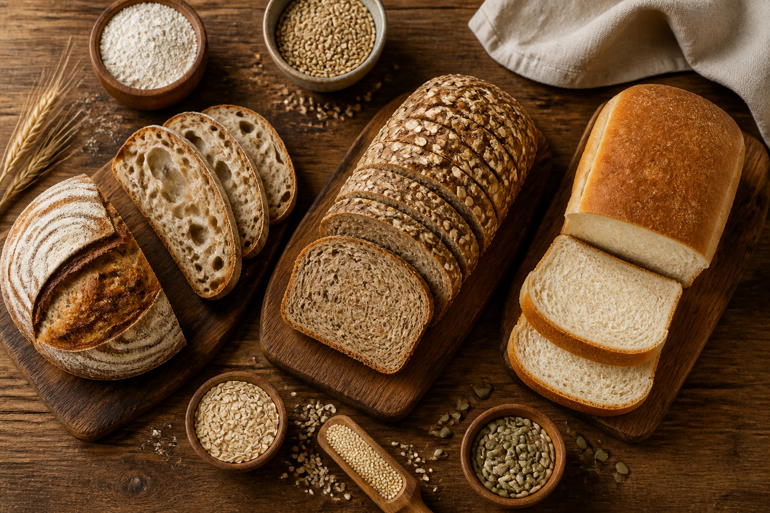 Overhead editorial still life related to Why Some Breads Sit Better With Your Gut Than Others on a warm wooden surface