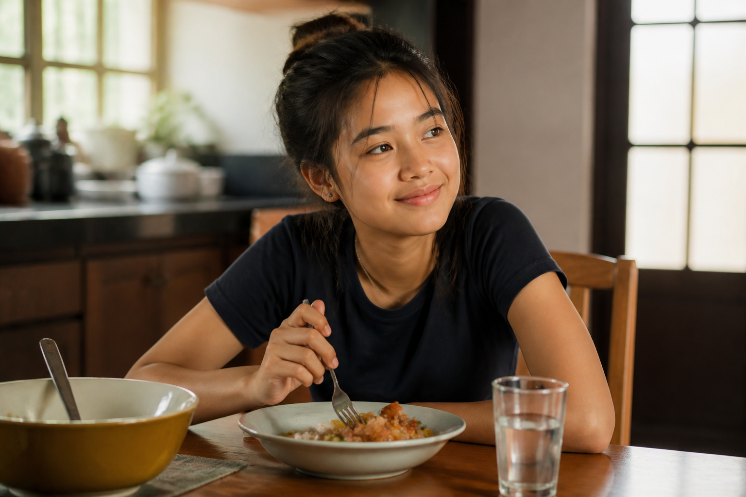 Filipino teenager 15-16 at a kitchen table or cafeteria