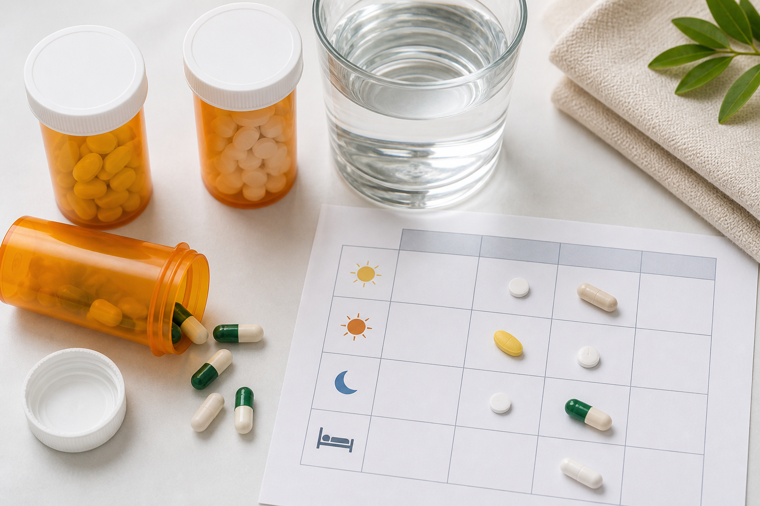 Close-up flat lay of several prescription pill bottles beside a glass of water and a printed medication schedule on a white surface
