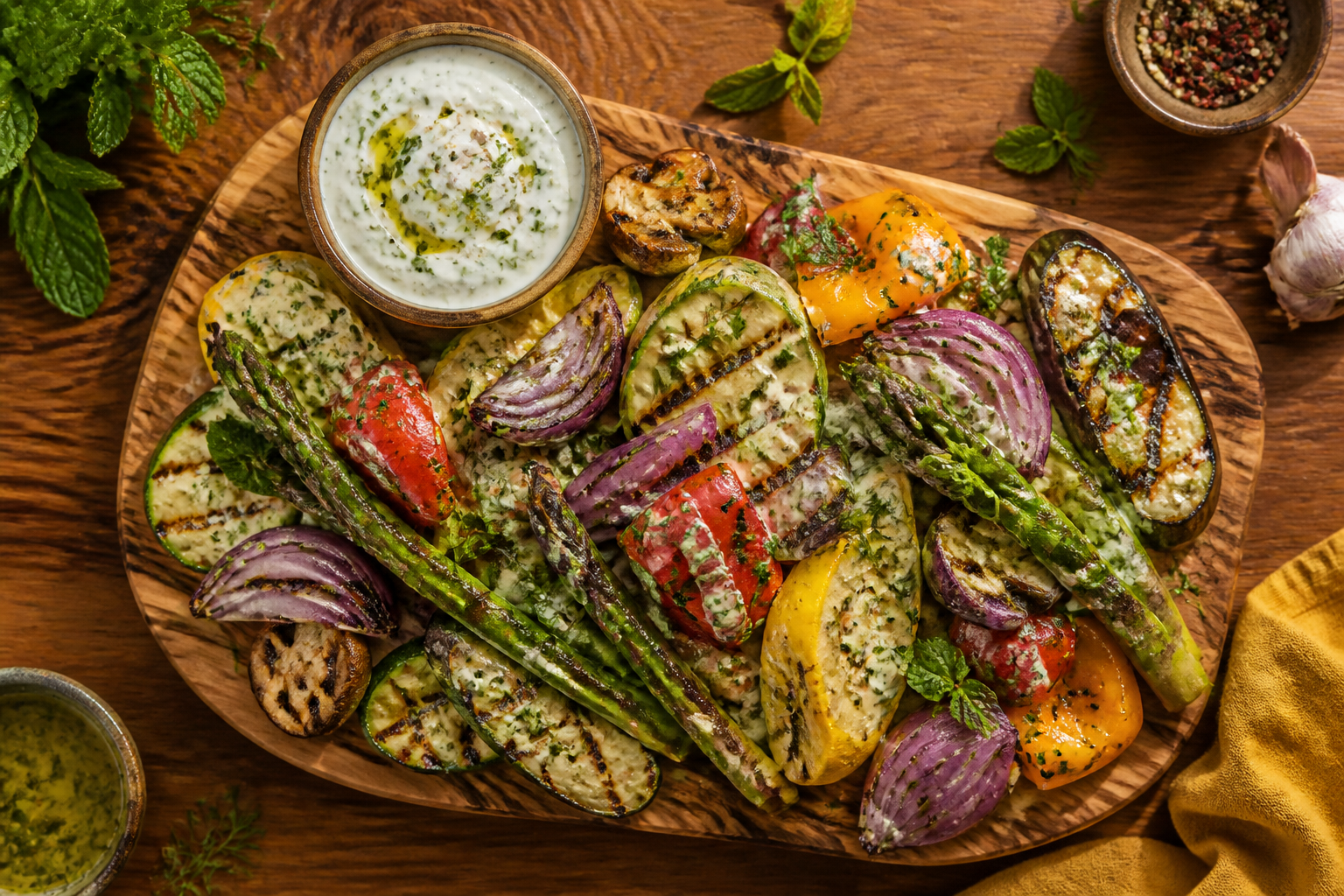 Overhead shot of Yogurt and Herb Marinated Grilled Vegetables plated appetizingly in a wooden board