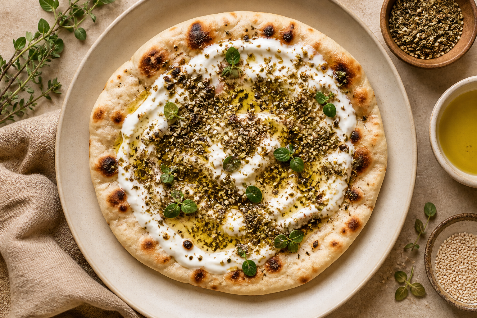 Overhead shot of Yogurt Flatbread with Za'atar plated appetizingly in a clean plate