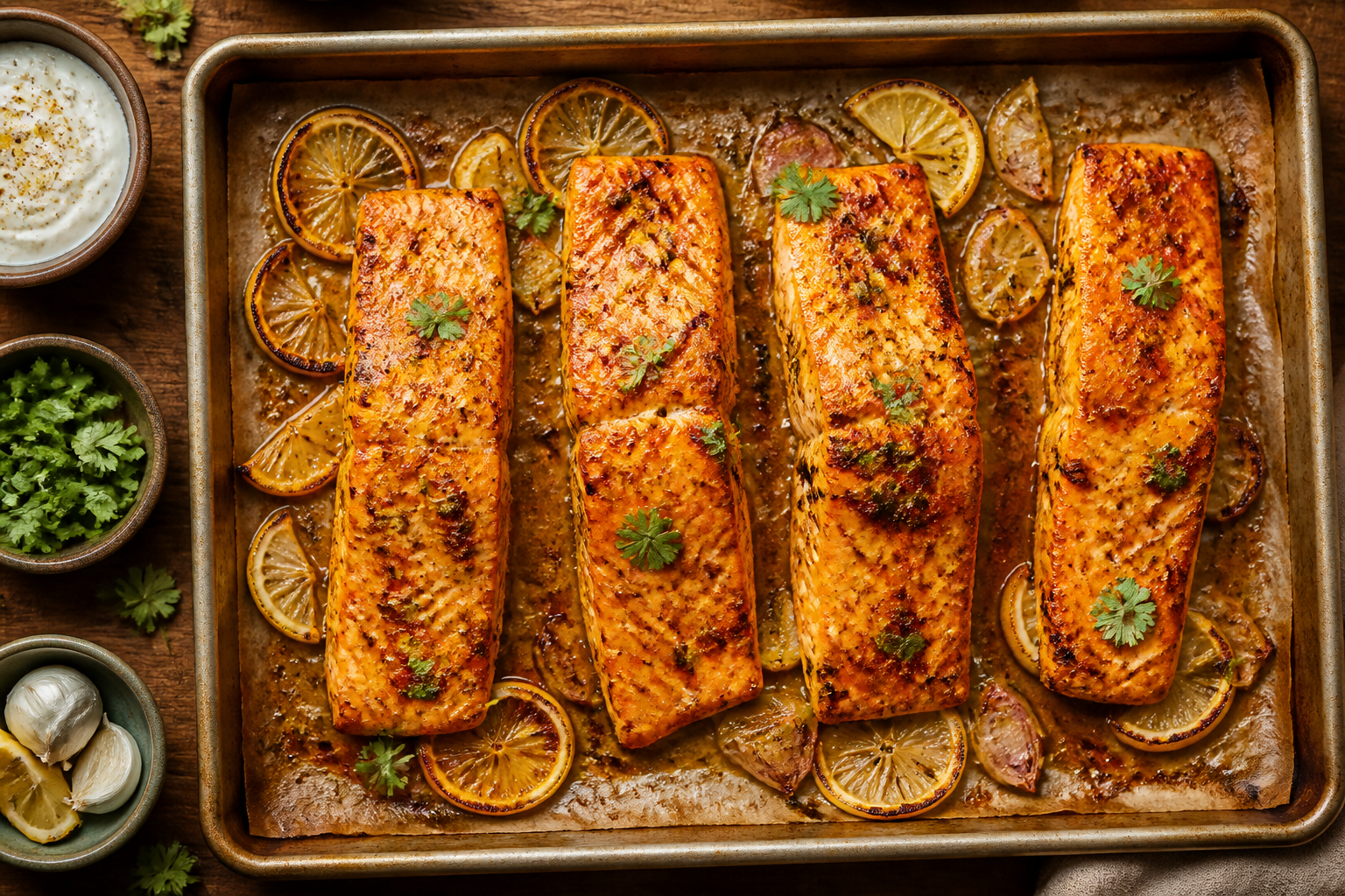 Overhead shot of Yogurt Marinated Baked Salmon plated appetizingly in a baking tray