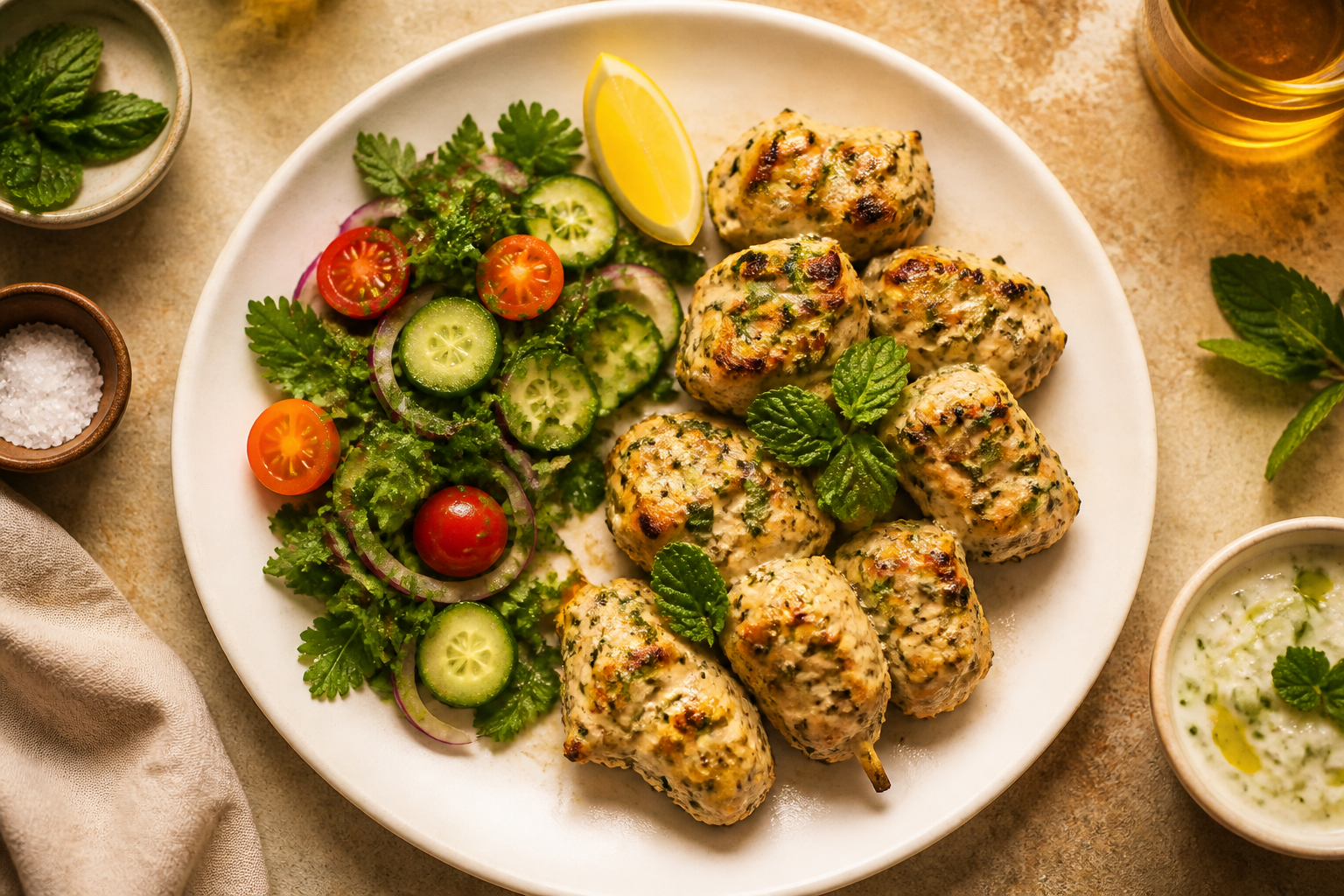 Overhead shot of Yogurt-Marinated Chicken with Herb Salad plated appetizingly in a wide clean plate