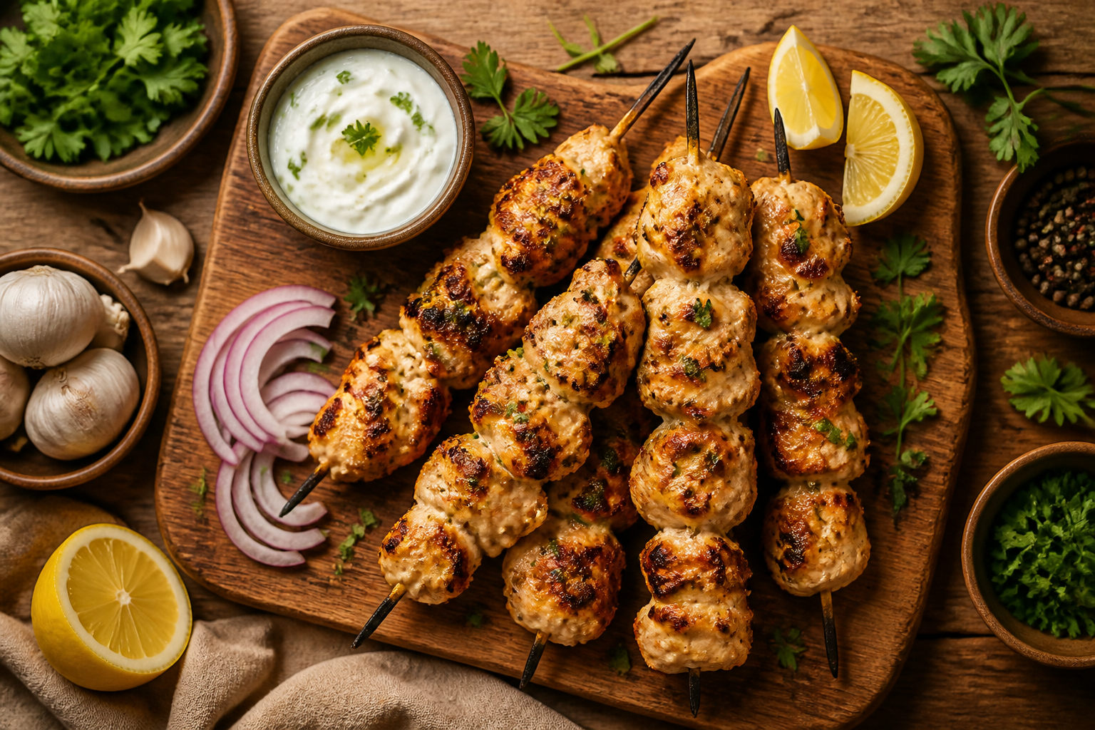 Overhead shot of Yogurt Marinated Grilled Chicken Skewers plated appetizingly in a wooden board