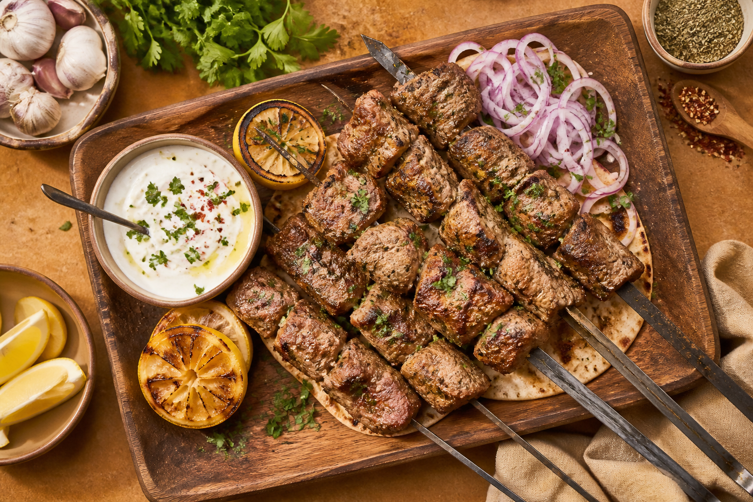 Overhead shot of Yogurt Marinated Lamb Skewers plated appetizingly in a wooden board