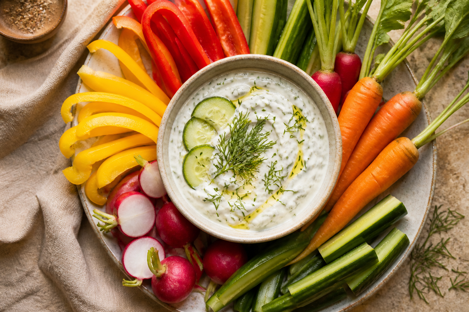 Overhead shot of Yogurt Tzatziki with Crudités plated appetizingly in a small ceramic bowl