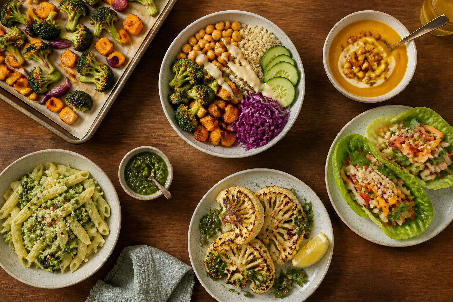 Overhead editorial still life related to You Do Not Have to Like Salad to Eat More Vegetables on a warm wooden surface