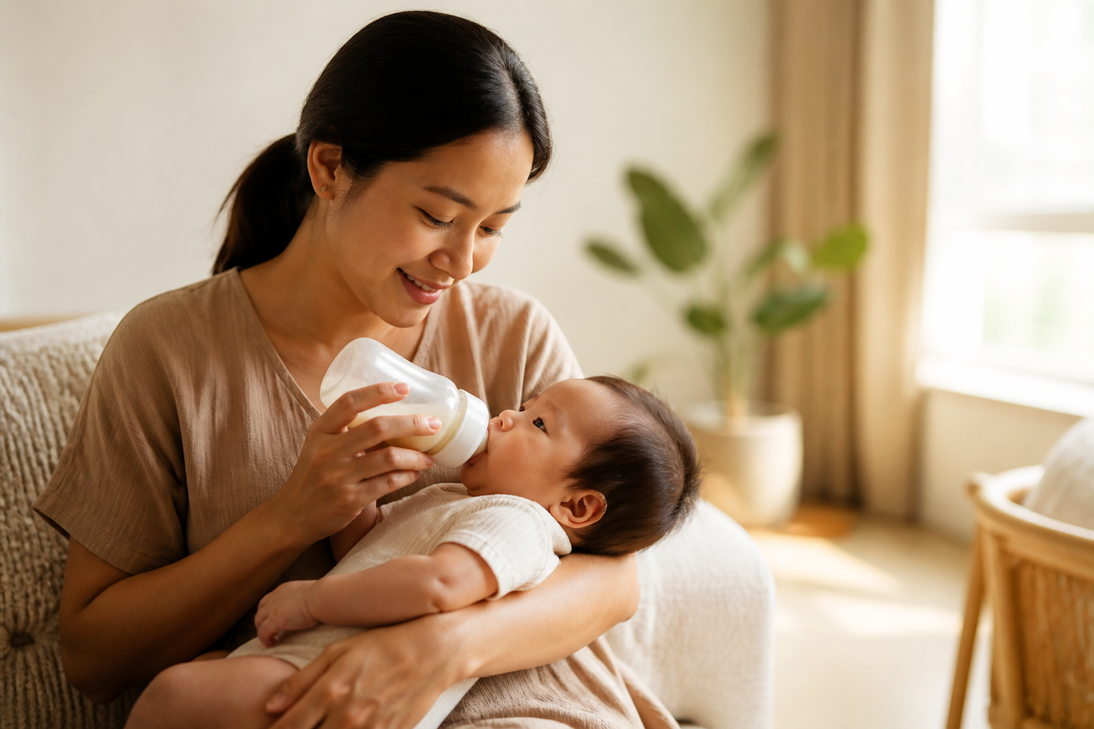 Filipino mother in her 30s with a baby in a softly lit home
