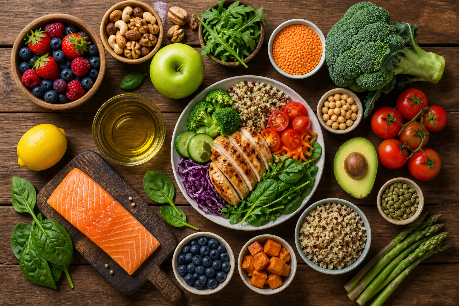 Overhead flat lay of foods representing Your First Two Weeks Without Trigger Foods arranged beautifully on a wooden surface