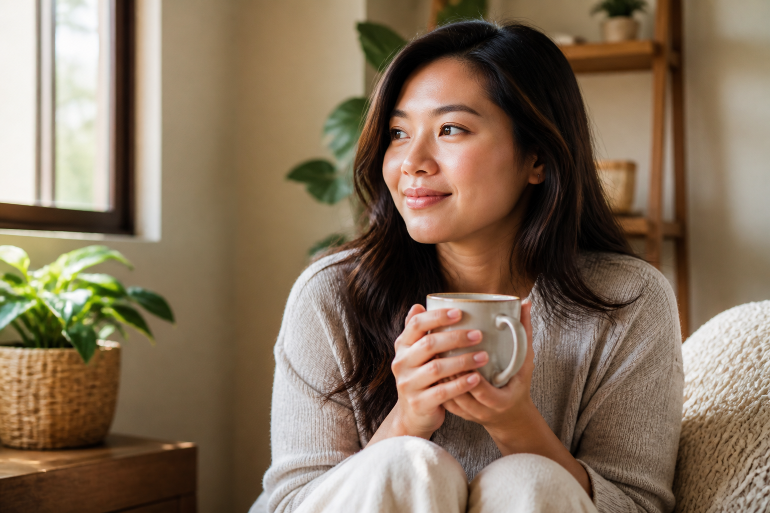 Filipino woman in her 20s or 30s at home with a warm mug