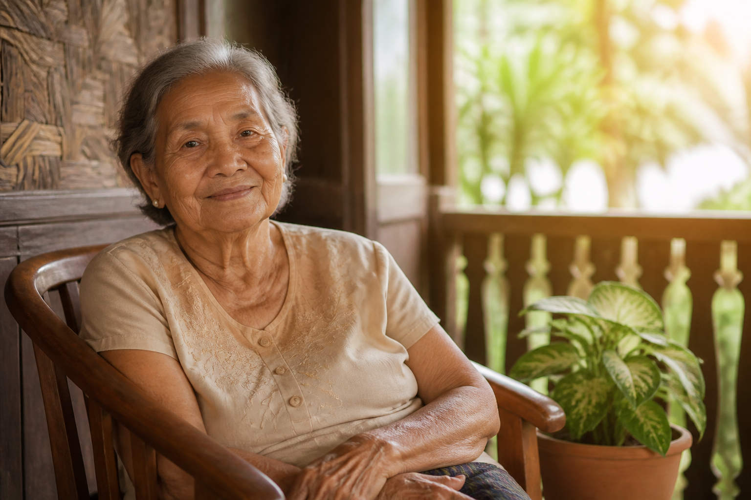 Filipino adult in their 70s in a warm home setting
