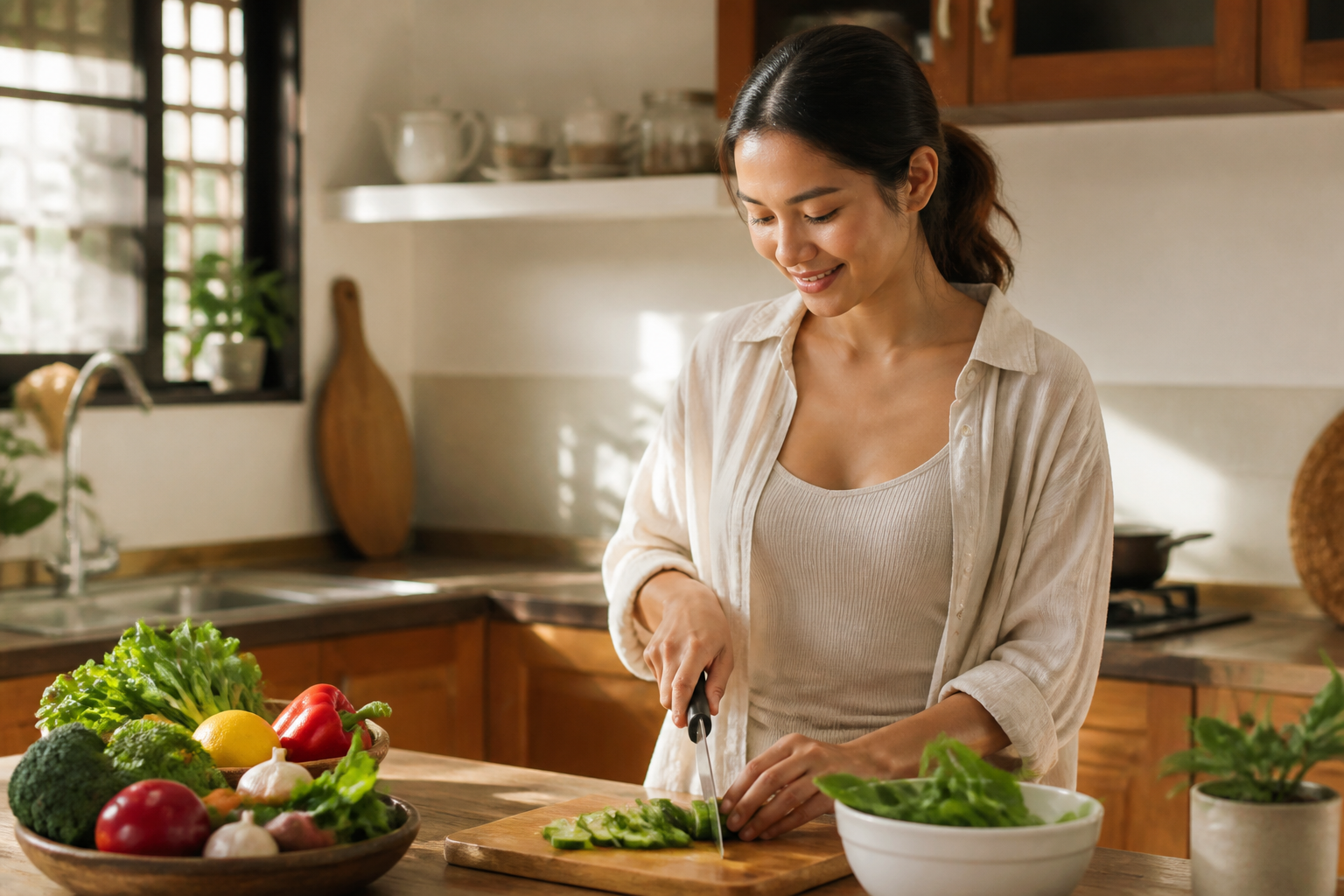 Filipino woman in her 30s in a warm home kitchen
