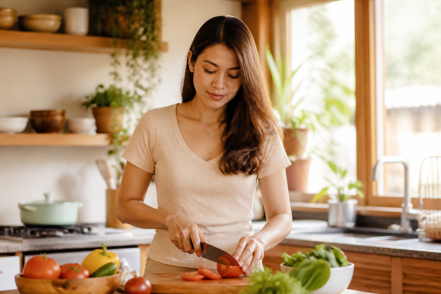 Filipino woman in her 30s in a warm home kitchen