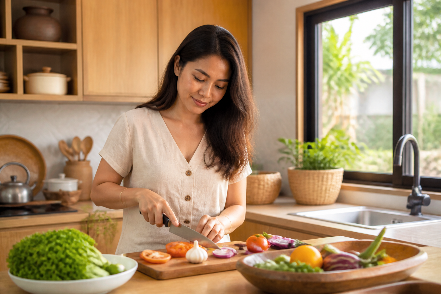 Filipino woman in her 30s in a warm home kitchen