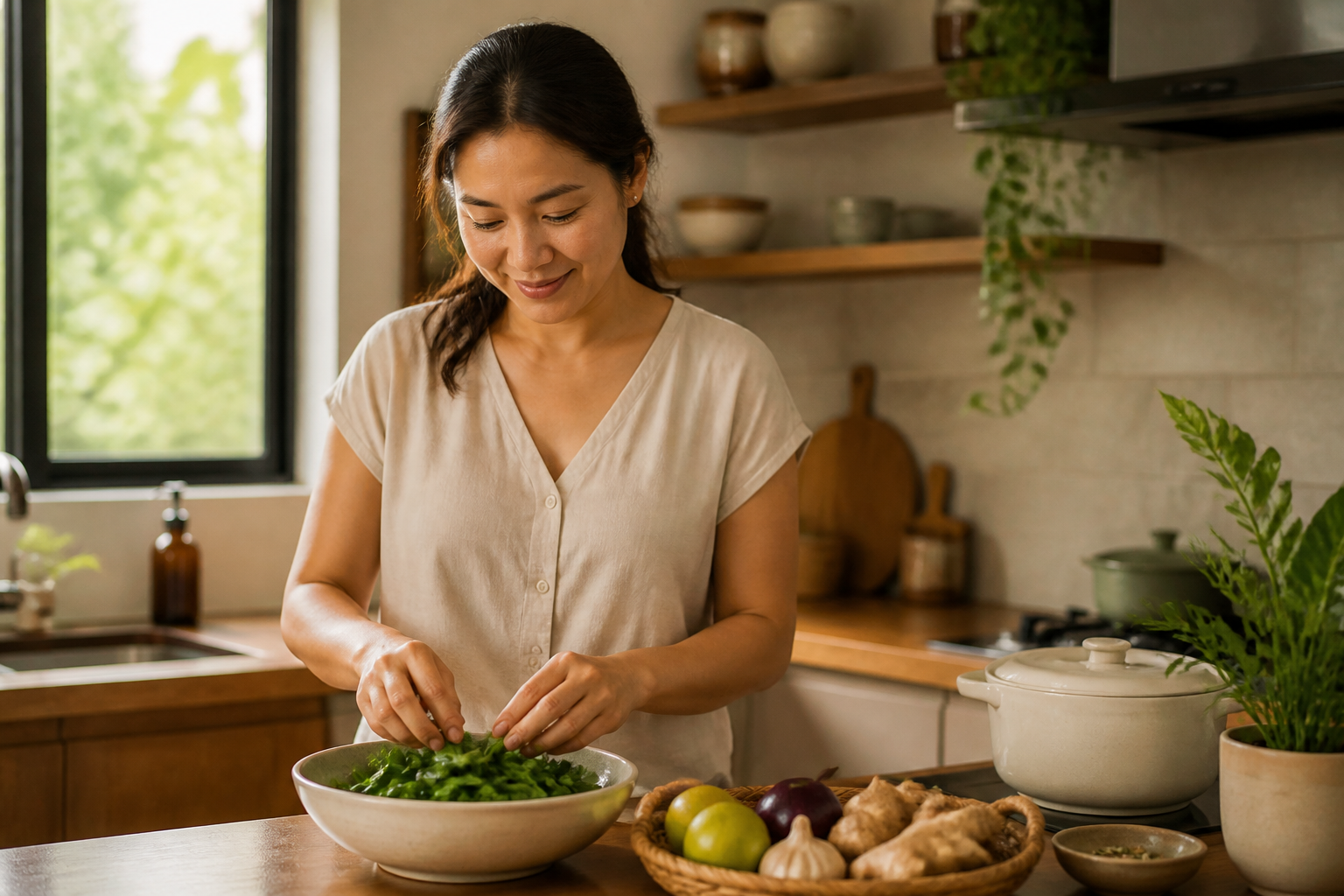 Filipino woman in her 30s in a warm home kitchen
