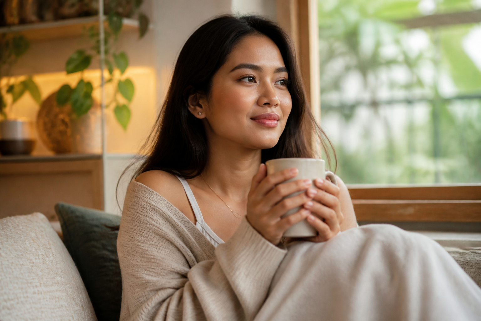 Filipino woman in her 20s or 30s at home with a warm mug