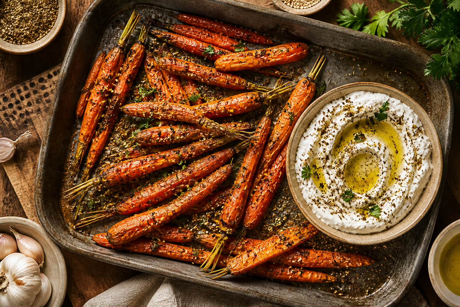 Overhead shot of Za'atar Roasted Carrots with Labneh plated appetizingly in a baking tray