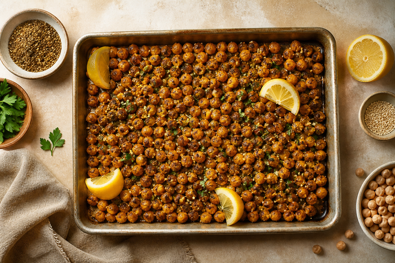 Overhead shot of Za'atar Roasted Chickpeas plated appetizingly in a baking tray
