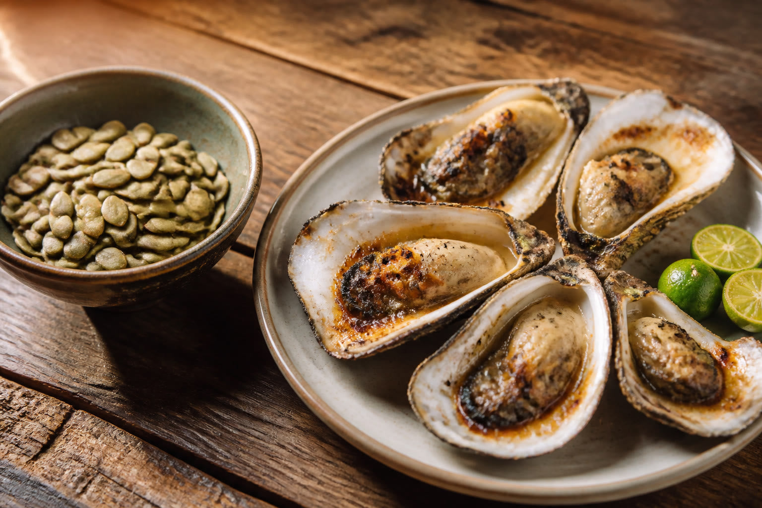 Grilled talaba oysters with calamansi beside a bowl of pumpkin seeds.