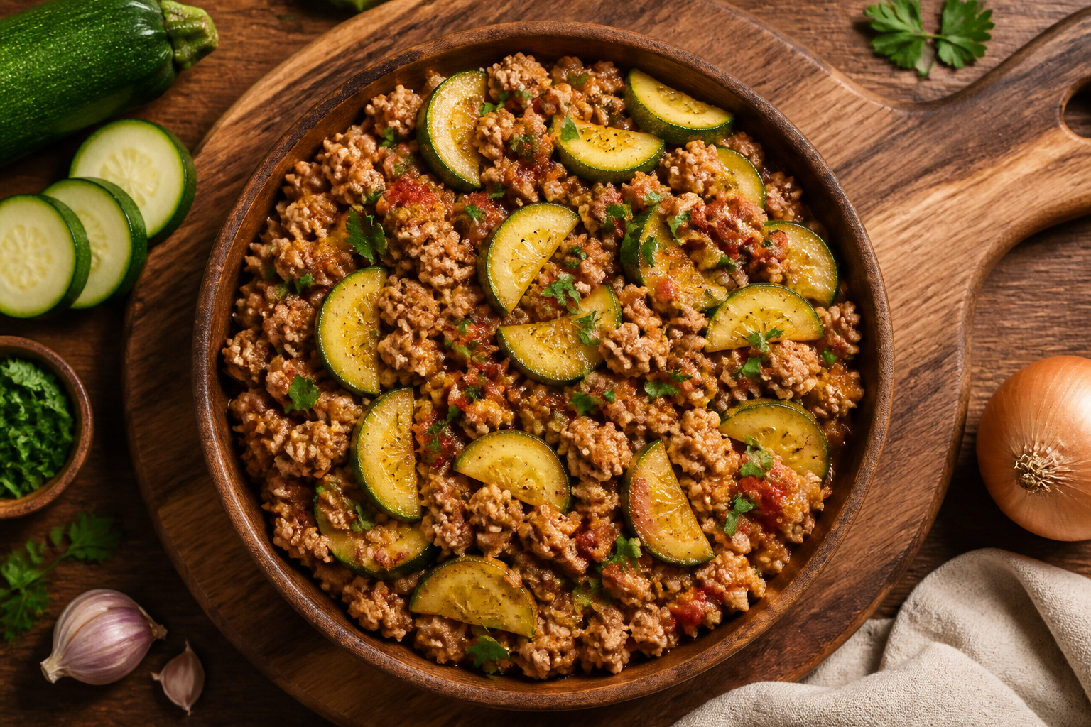 Overhead shot of Zucchini and Ground Turkey Skillet plated appetizingly in a wooden board
