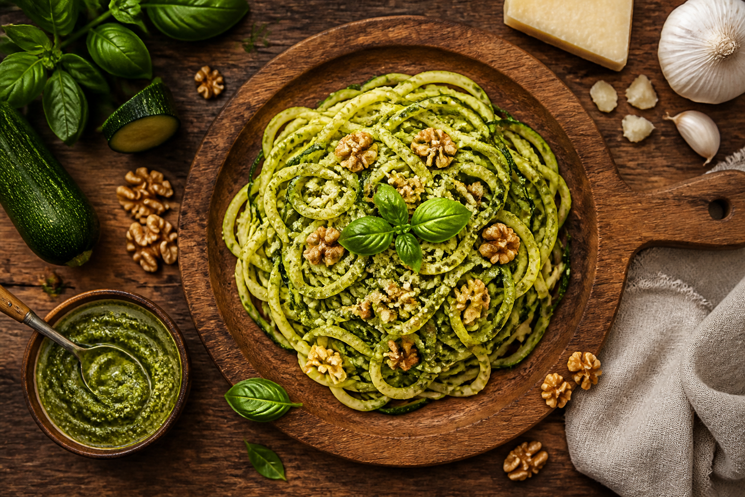 Overhead shot of Zucchini Noodles with Walnut Pesto plated appetizingly in a wooden board