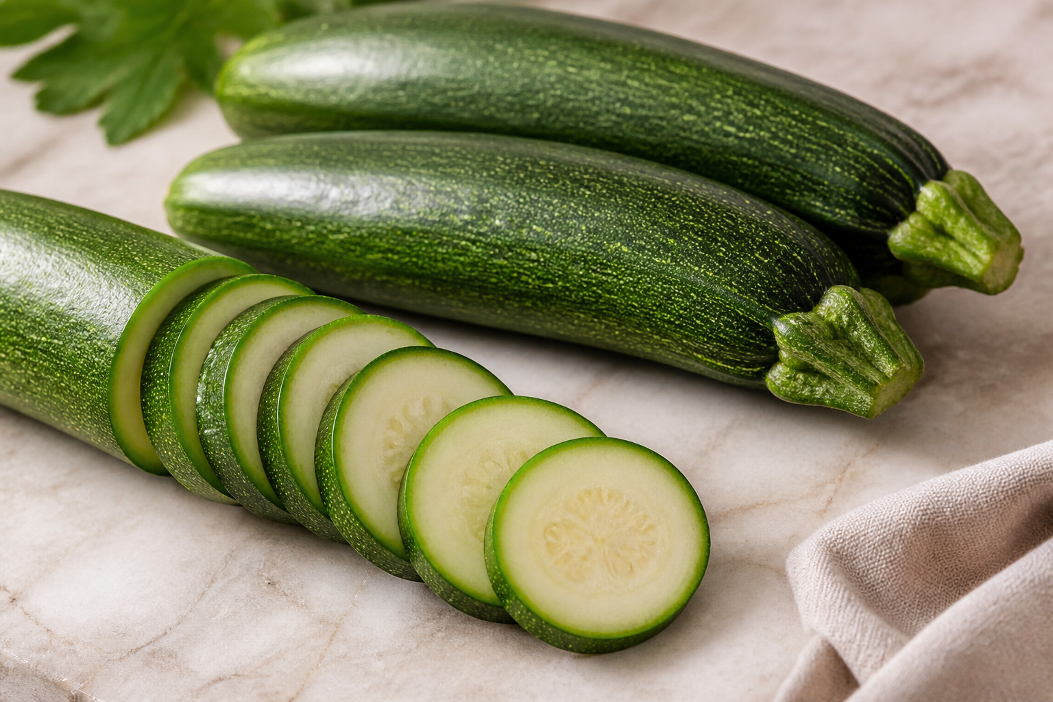 Close-up editorial still life of Zucchini on a clean wooden or marble surface